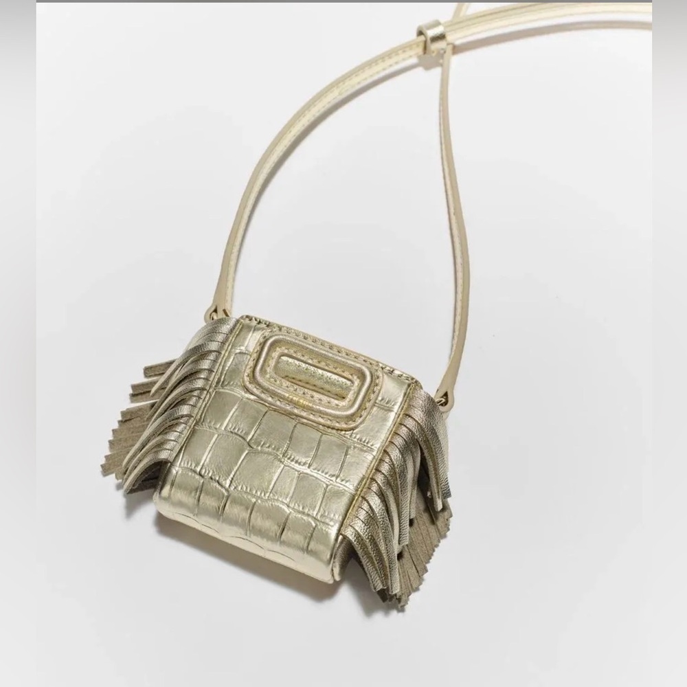 Maje Gold Croc Embossed Fringe Crossbody Mini Phone Bag NWT